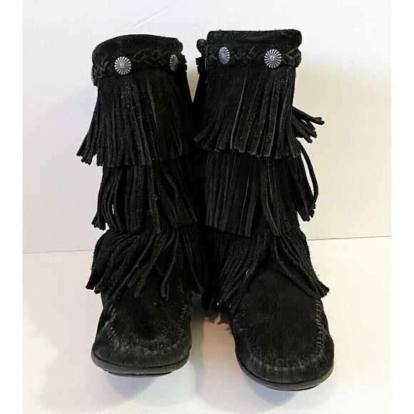 Minnetonka Moccasin Girls Black Boots 3 Layer Fringe Sz 12 Syle 2659 Leather - Picture 5 of 12
